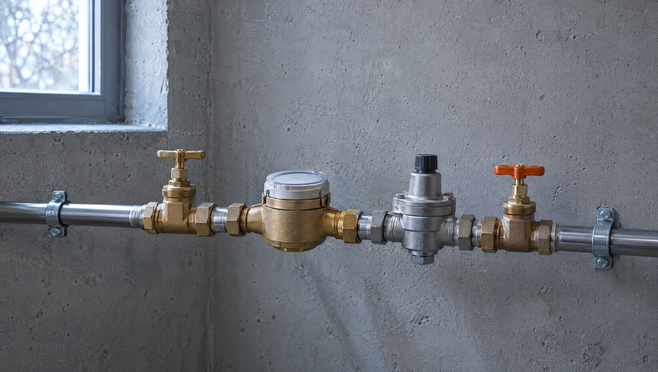 Symbolbild: Hauseinführung an einer grauen Kellerwand mit Messingschieber, Wasserzähler, Druckreduzierventil und einem zweiten Schieber mit orangem Griff.